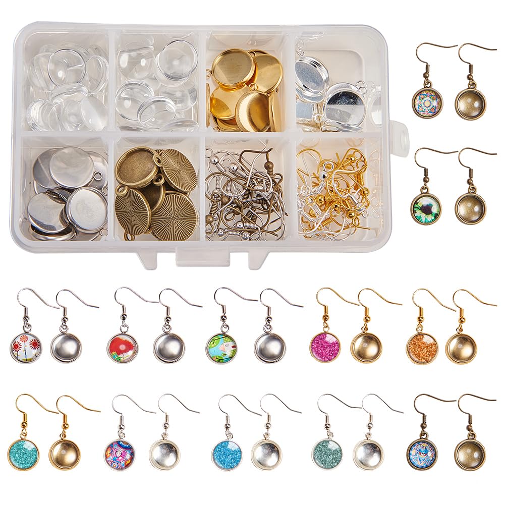 SUNNYCLUE 1 Box DIY 120Pcs 4 Colors Cabochon Earrings Making Kit 40pcs Earring Bezel Earring Settings & 40pcs 12mm Clear Glass Cabochons Earring Hooks for Women Adults DIY Earring Jewellery Making