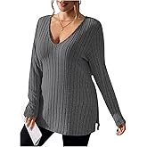 SHENHE Women's Plus Size Ribbed Long Sleeve Tunic Top V Neck Split Hem Basic Casual Knit Tee