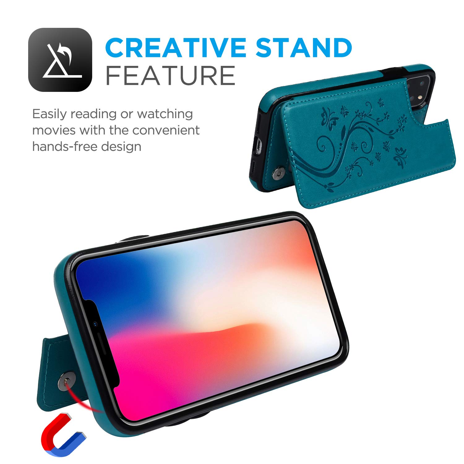 SUPWALL iPhone 11 Pro Max Wallet Case, Case with Card Holder Embossed Butterfly Premium PU Leather Double Magnetic Buttons Flip Shockproof Protective Cover for iPhone 11 Pro Max 6.5 inch, Blue