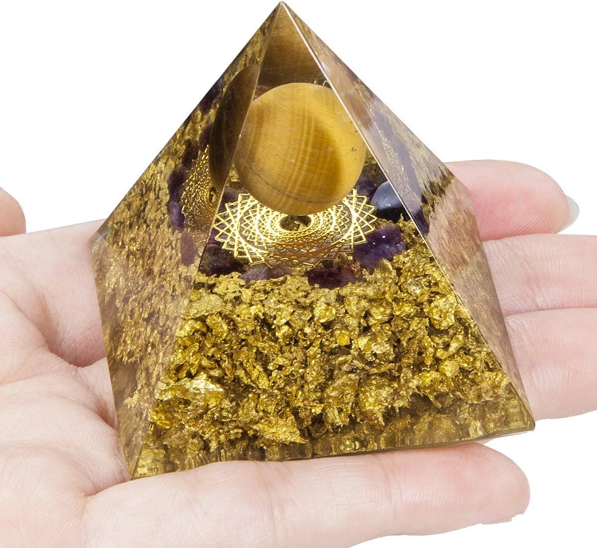rockcloud The Crown Chakra Orgone Pyramid Tiger Eye Crystal Ball Reiki Balancing Energy Generator for EMF Protection Mediation Yoga Home Office Decor: Home & Kitchen