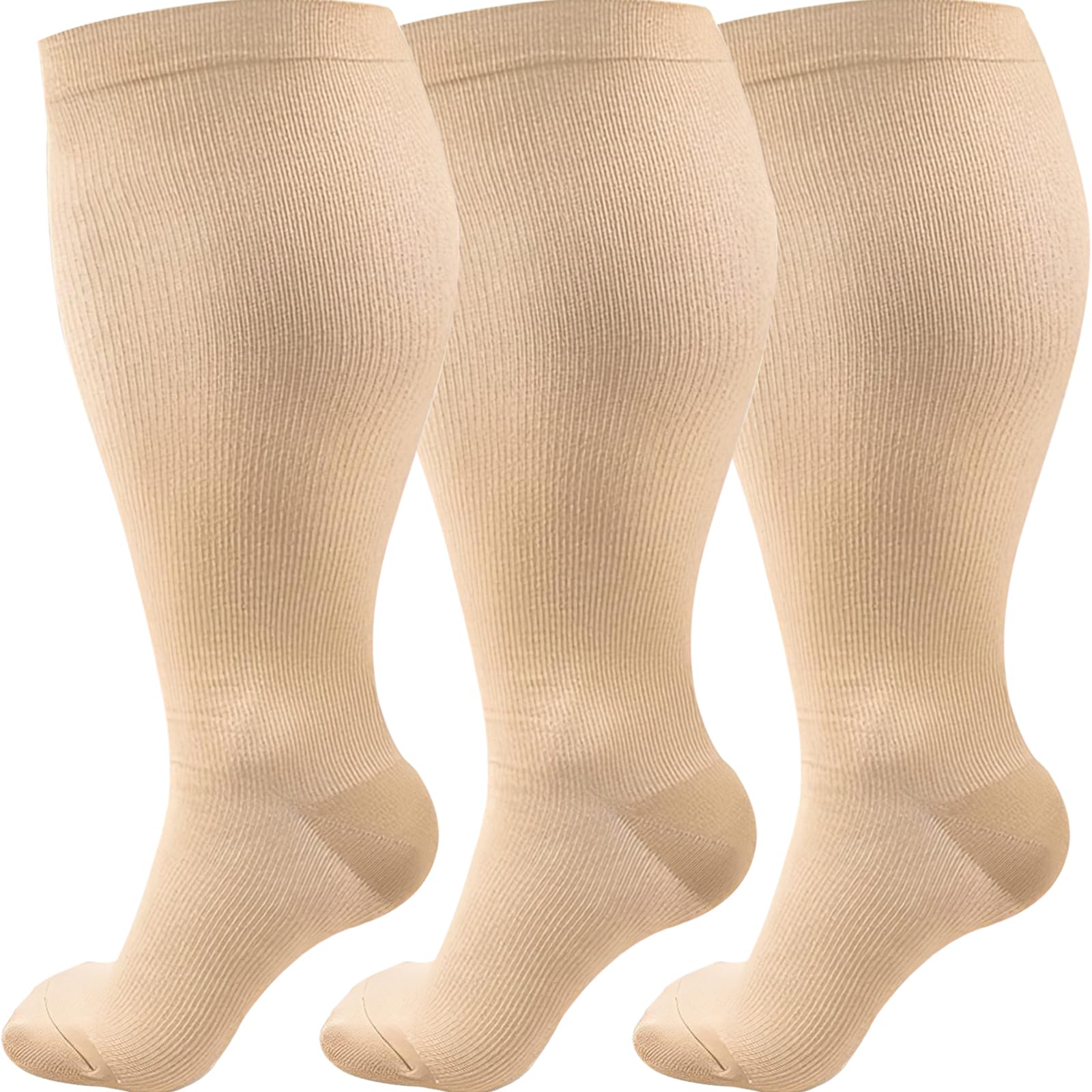 3 Pairs Plus Size Compression Socks (20-30 mmHg) for Women & Men, Wide Calf Extra Large Calves Knee High Flight Stockings for Pregnancy, Nurses, Seniors, 4XL