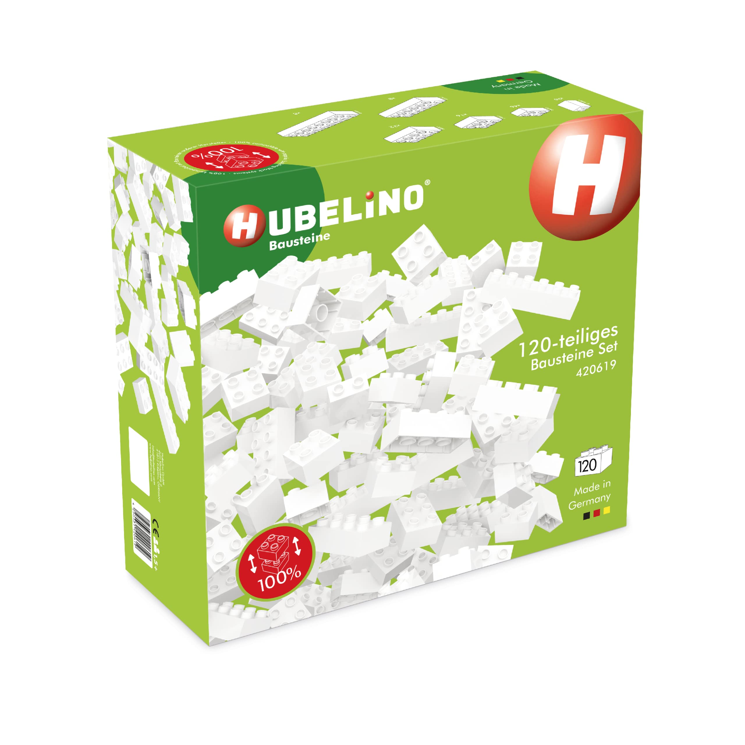 Hubelino 120 White Bricks Compatible with Large Blocks from Other Manufacturers, Made in Germany from 1.5 Years