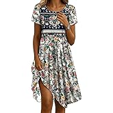 Womens Sundress 2025 Summer Boho Floral Short Sleeve Crewneck Midi Dress Casual A-Line Flowy Knee Lenth Dress with Pocket