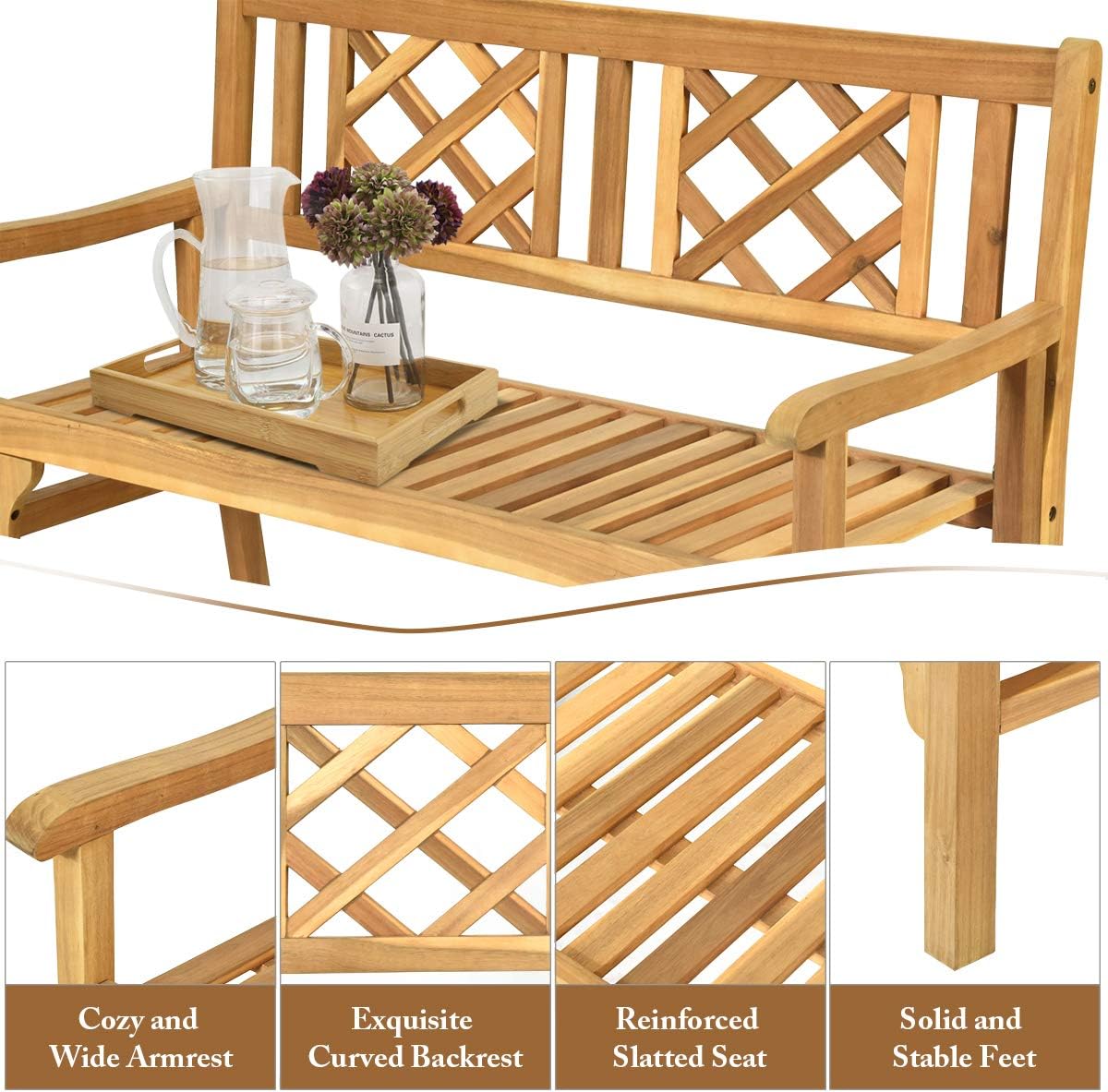 Giantex Patio Wooden Bench, 4 Ft Foldable Acacia Garden Bench, Two Person Loveseat Chair Solid with Curved Backrest and Armrest Ideal for Patio, Porch or Balcony (Teak): Kitchen & Dining
