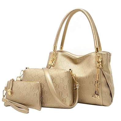 BESTVECH Golden Fashion Women Leather Handbags Handbag+Messenger Bag+Purse 3 Sets