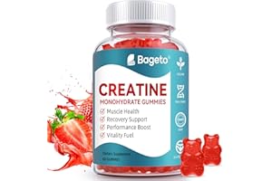 BAGETO Creatine Monohydrate Gummies for Men & Women, 5g of Creatine Per Serving for Enhanced Muscle Growth, Strength, and Recovery, Low Sugar-Pre-Workout Supplement-Strawberry Flavor, 60 Gummies