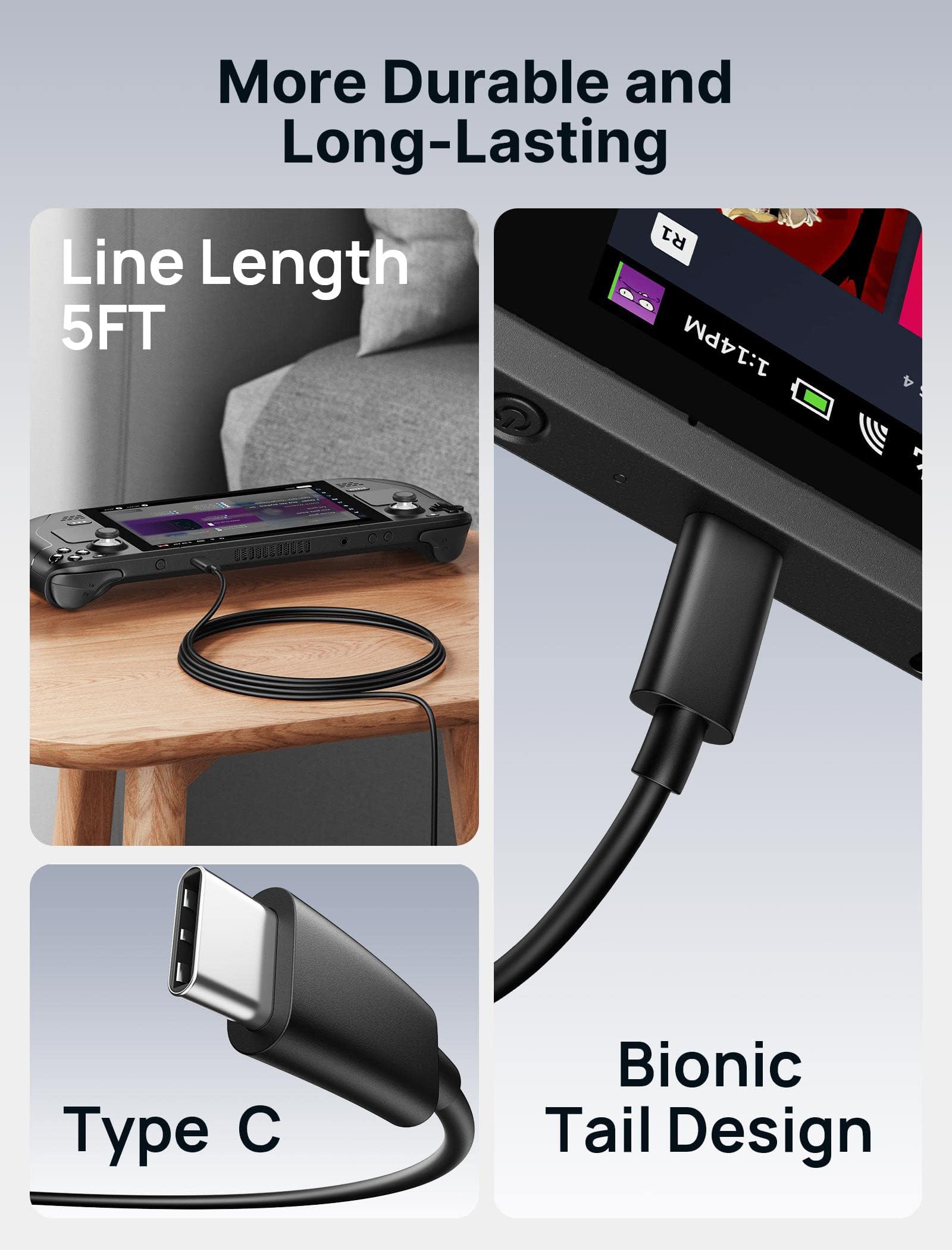 JSAUX 45W USB C Charger for Steam Deck/OLED, 5FT Cable Type C PD 3.0 45 Watt Fast Charging Compatible with Steam Deck, Switch/OLED, iPhone Air/17/16/15, Samsung S25 S24 S23 S22, Pixel, iPad, MacBook