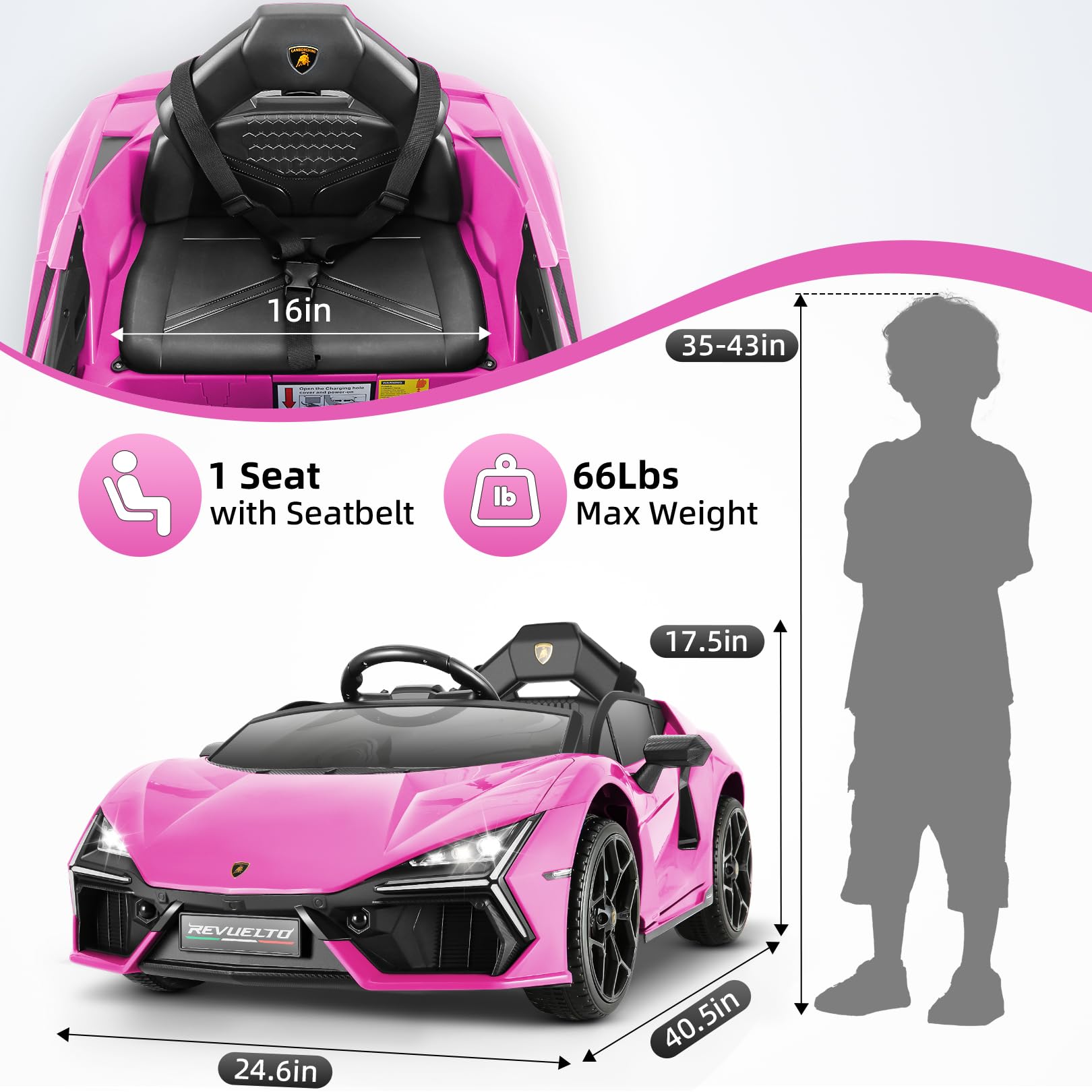 Hikole Lamborghini Toy Car, 12V Electric Sport car, with Remote Control, Motorized Cars for Toddlers, Hydraulic Doors, Brake Caliper, 3 Speeds, Safety Belt, Music/USB/Bluetooth, Hot Pink