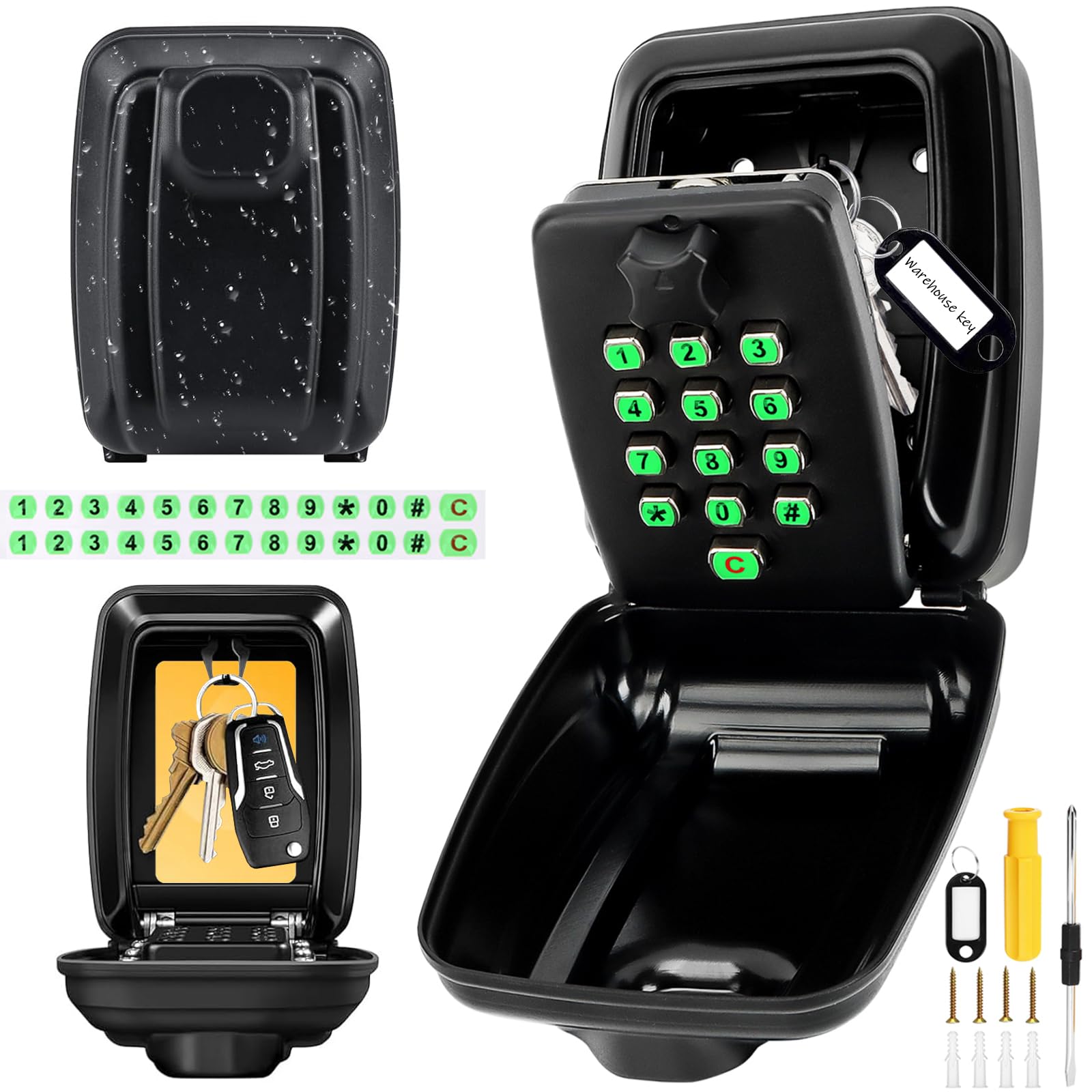 Police Approved Wall Mounted Key Safe with Illuminated Button Stickers, Waterproof Key Lock Box Outdoor, Weatherproof Cover, 12-Digit Combination, Extra Large Key Box for Home, Garage, School, Office