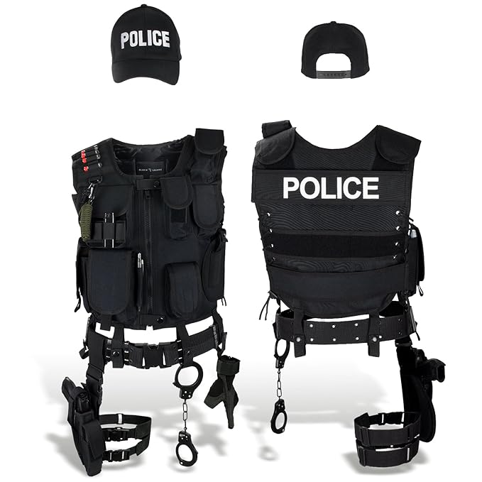 Black Snake SWAT FBI Police Security Kostüm inkl. Einsatzweste, Pistolenholster, Handschellen und Baseball Cap