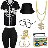 Boyigog 80s 90s Outfit for Women 6PCS Hip Hop Costume Baseball Jersey Shirt Yoga Pants Bucket Hat Chain Rapper Accessories