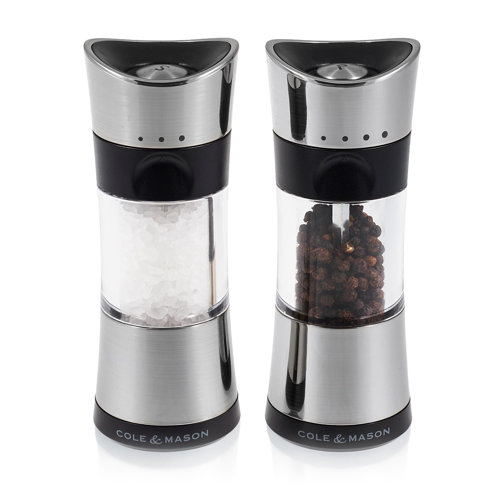 Cole & Mason Horsham Chrome Salt and Pepper Mills, Adjustable Grind Precision+ Mechanism, Non Spill, Chrome/Acrylic, 154 mm, Gift Set, Includes 2 x Salt and Pepper Grinders