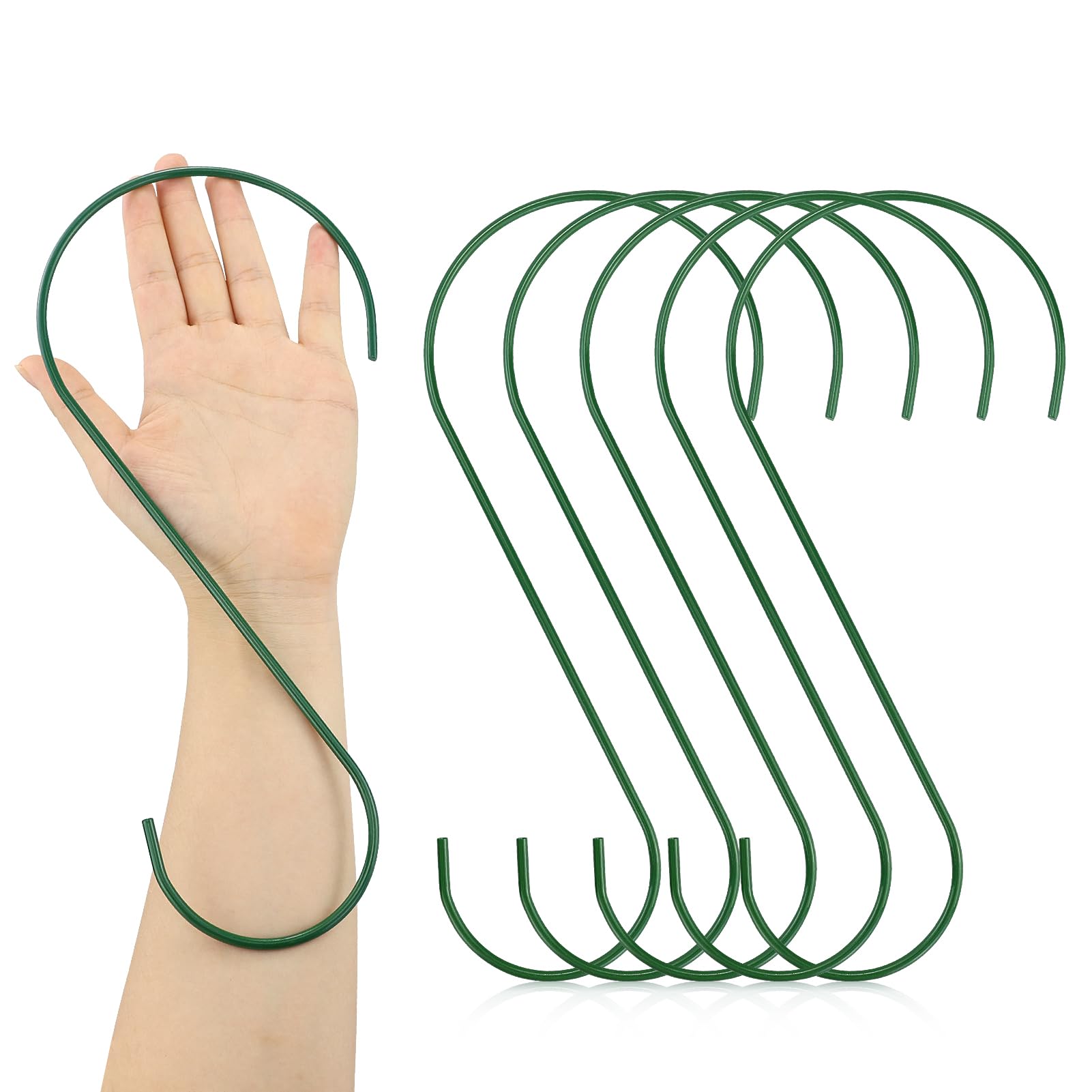 5 Pack 30cm Large S Hooks - Heavy Duty Steel Metal With Non Slip Vinyl Black Rubber Coating for Closet, Bird Feeder, Planter Hanger, Tree Mount - Rustproof (Green)
