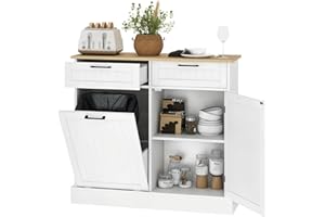 HOMCOM Tilt Out Garbage Cabinet, 10 Gallon Freestanding Kitchen Island with 2 Drawers, Beadboard Trash Cabinet with Storage f