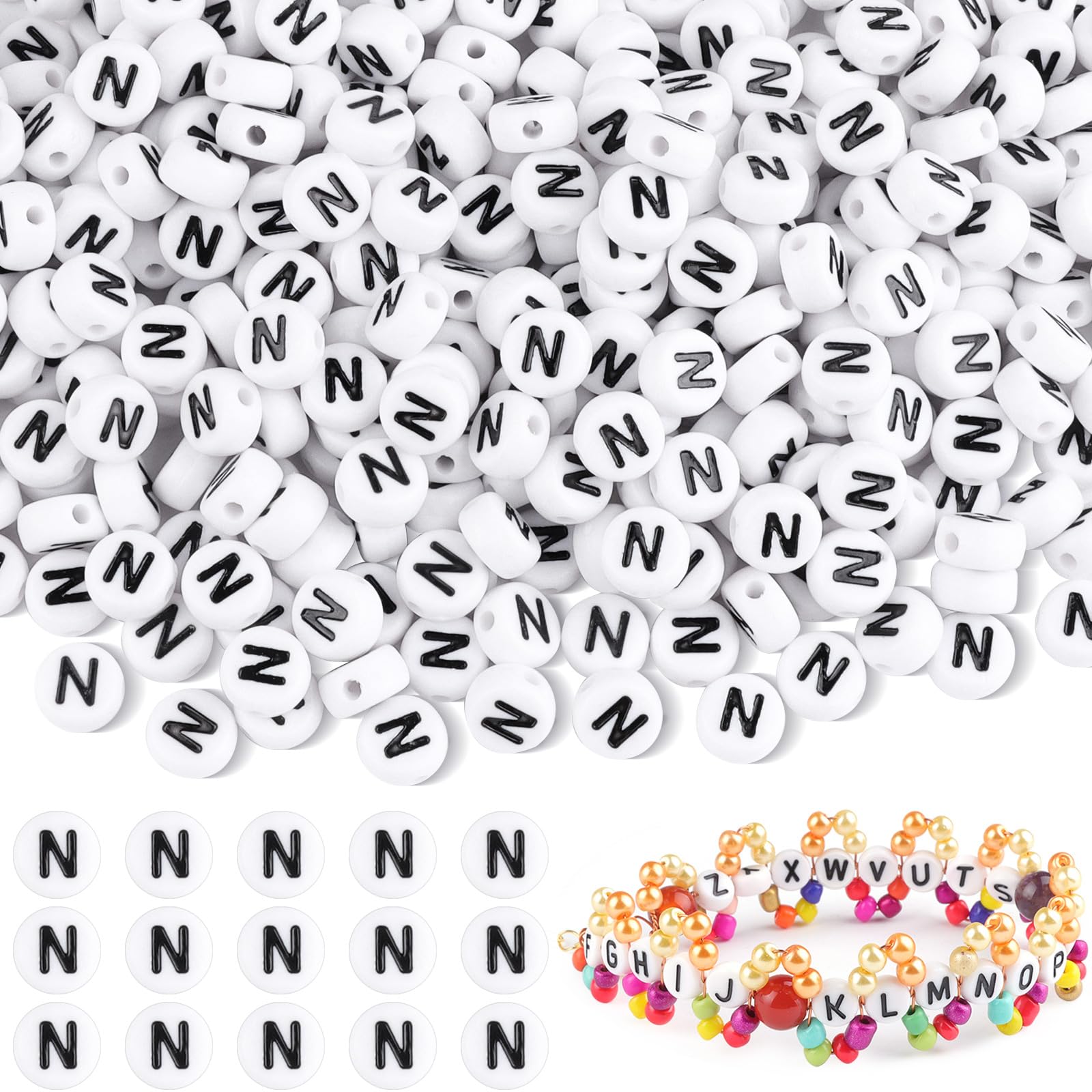500Pcs Acrylic Letter N Beads,7mm Round Alphabet Beads for Bracelet Making,Spacer for Necklace,Earring and Jewellery Making