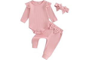 BLOTONA Newborn Baby Girl Clothes Fall Winter Ribbed Knit Outfit Long Sleeve Romper Bodysuit Bow Pants Headband Set