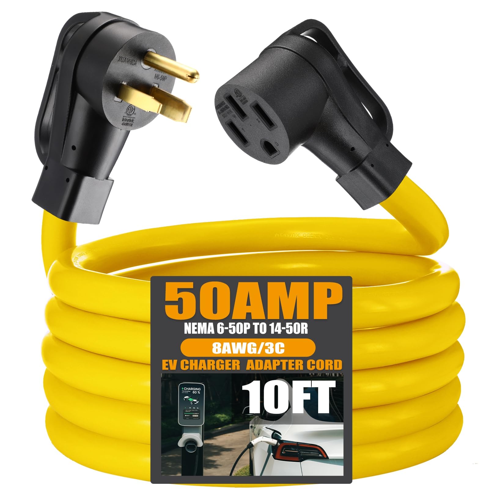 Photo 1 of Tellegloww 10FT NEMA 6-50P to 14-50R EV Charger Adapter Extension Cord 50 Amp Welder to 50 Amp EV for Level 2 Charging, 3 Prong Male to 4 Prong Female Power Cord with Handle, STW 8 AWG/3C, ETL Listed