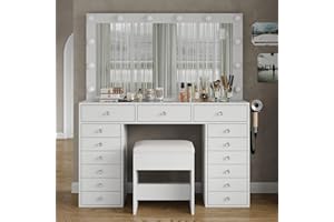 Yanosaku 15 Drawers Makeup Vanity with Charging Station, Vanity Desk with 12 LED Bulbs and HD Mirror, 3 Color Brightness Adjustable, Vanity Set for Bedroom, White