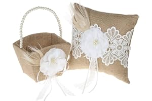 YUUDAR Rustic Burlap Flower Girl Basket, Vintage Wedding Jute Basket with Pearl Double Love Heart Bowknot For Vintage Wedding Ceremony Party Decoration (Ring Bearer Pillow Basket)