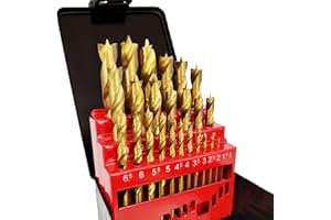 Hymnorq Brad Point Wood Drill Bits 25PC Set, Metric Size 1mm-13mm by 0.5mm in Metal Case, Titanium Coated High-Speed Steel, P