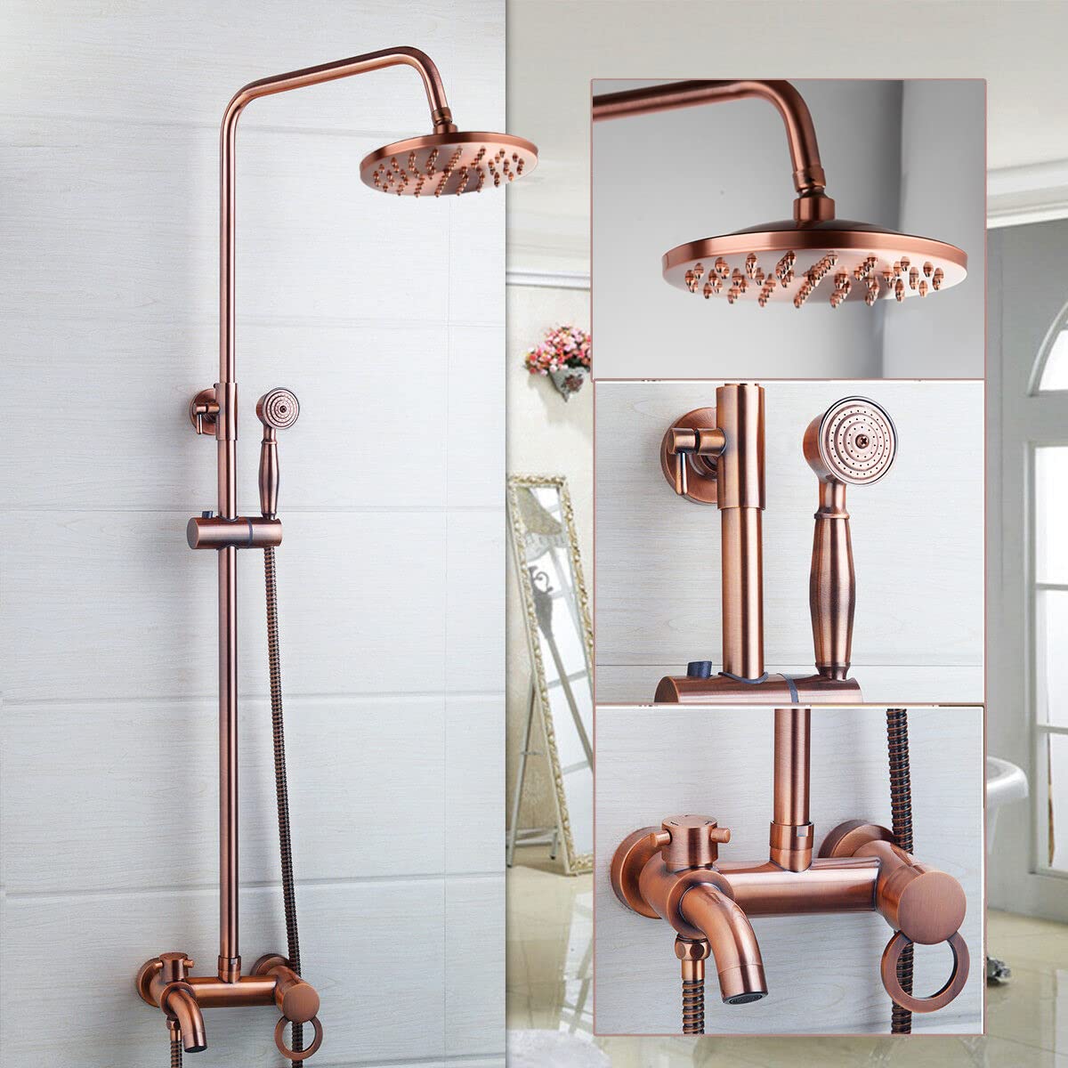 Photo 1 of Exposed Shower System with 8 inch Rainfall Shower Head 3 Function Bathroom Shower Faucet Set Wall Mounted Copper Shower Fixture with Handheld Shower Head and Antique Brass Shower Mixer Valve