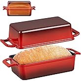 P&P CHEF 2-In-1 9 x 5 Inch Cast Iron Loaf Pan with Lid (Red), Bread Loaf Pans for Baking Homemade Sourdough Bread, Meatloaf, Toast, Cake, Nonstick & Healthy & Sturdy, 2 Piece Set