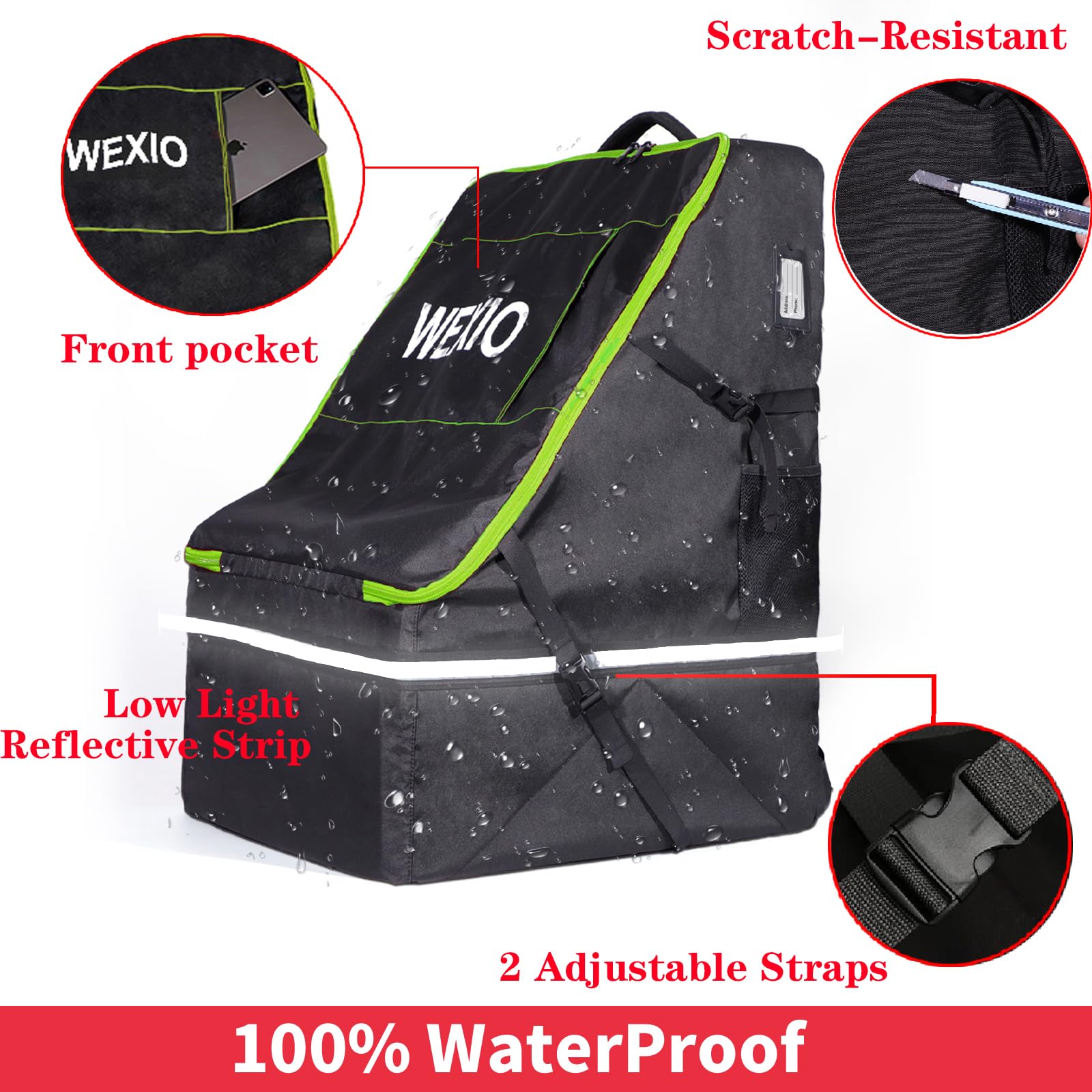 WEXIO 360° Padded Car Seat Travel Bag for Airplane, 1OO% Waterproof CarSeat Travel Backpack for Air Travel，Universal Fit for Graco Chicco Britax Evenflo Cybex Maxi Cosi Peg，20