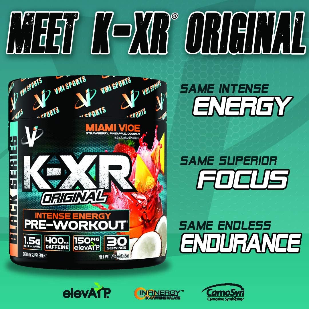 VMI Sports K-XR Pre-Workout Supplement for Intense Energy, Miami Vice, Muscle Builder for Extreme Pumps, Enhanced Focus, Creatine Free, Endurance, Strength and Power Pre-Workout Powder: Health & Personal Care