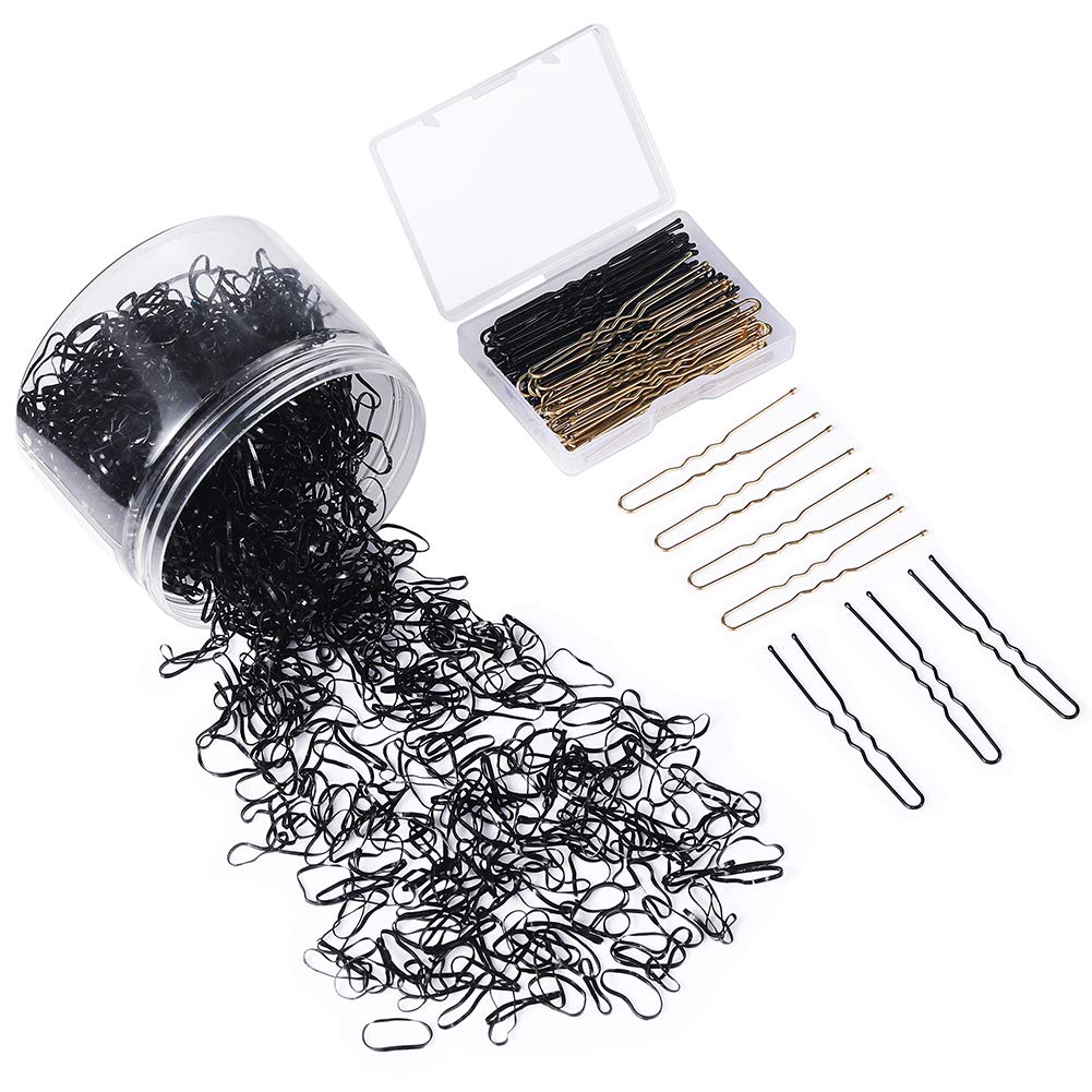 Elastic Hair Bands Hair Pins Kit - 2500 PCS Mini Rubber Hair Bands + 100 PCS U Shaped Hair Pins with Storage Box Hair Styling Pins Bobby Pins for Girls Women Wedding Bridal and Hair salon -Black&Gold : Beauty