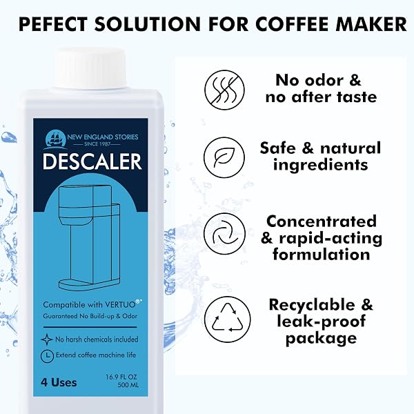 NESPRESSO COMPATIBLE DESCALING SOLUTION, 2 YEARS 8 TOTAL USES DESCALING KIT. EFFECTIVELY REMOVE LIMESCALE & MINERAL BUILD-UP. RESTORE YOUR MACHINE’S PERFORMANCE AND EXTEND LIFESPAN FOR PERFECT COFFEE