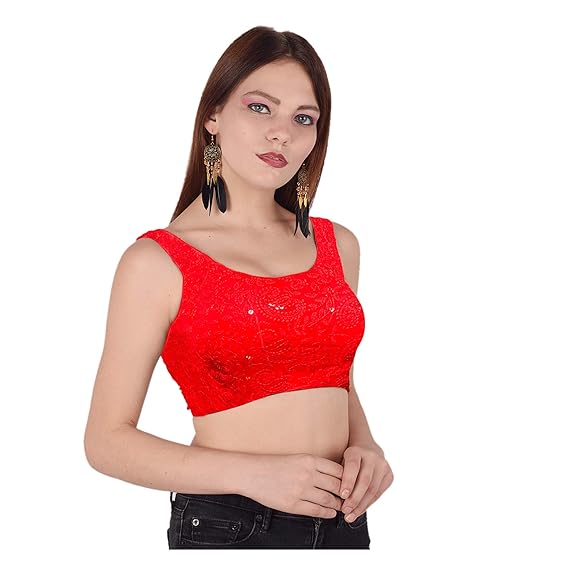 OKJ Red Chickenkari sleeveless Padded Blouse for Women & Girls - Red Cut sleeve Blouse-Thread Work Red Saree Readymade Blouse