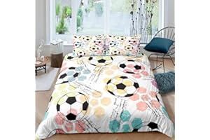 FEELYOU Kids Football Bedding Set Sports Theme Comforter Cover for Child Boys Girls Soccer Ball Pattern Duvet Cover Breathable Colorful Grunge Style Bedspread Cover Geometry Room Decor Quilt Cover Full Size