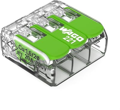 Wago 221 Series Green Range 3 Wire Terminal Block 4 mm² 3-Pole Lever Pluggable