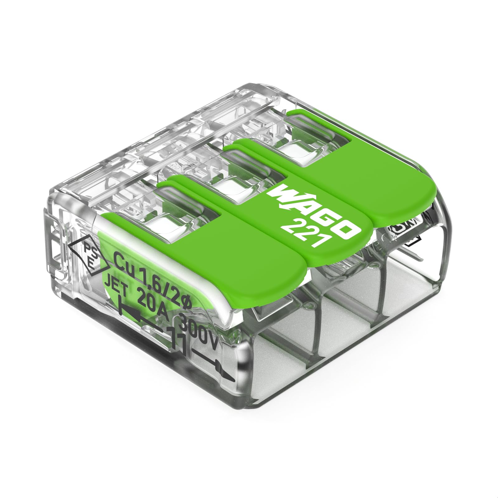 WAGO Green Range Terminal Block 3-Wire, to 4 mm², Splicing Connectors 3-Pole with Lever for All Conductor Types Pluggable, 221-423, 12 pcs — image 1