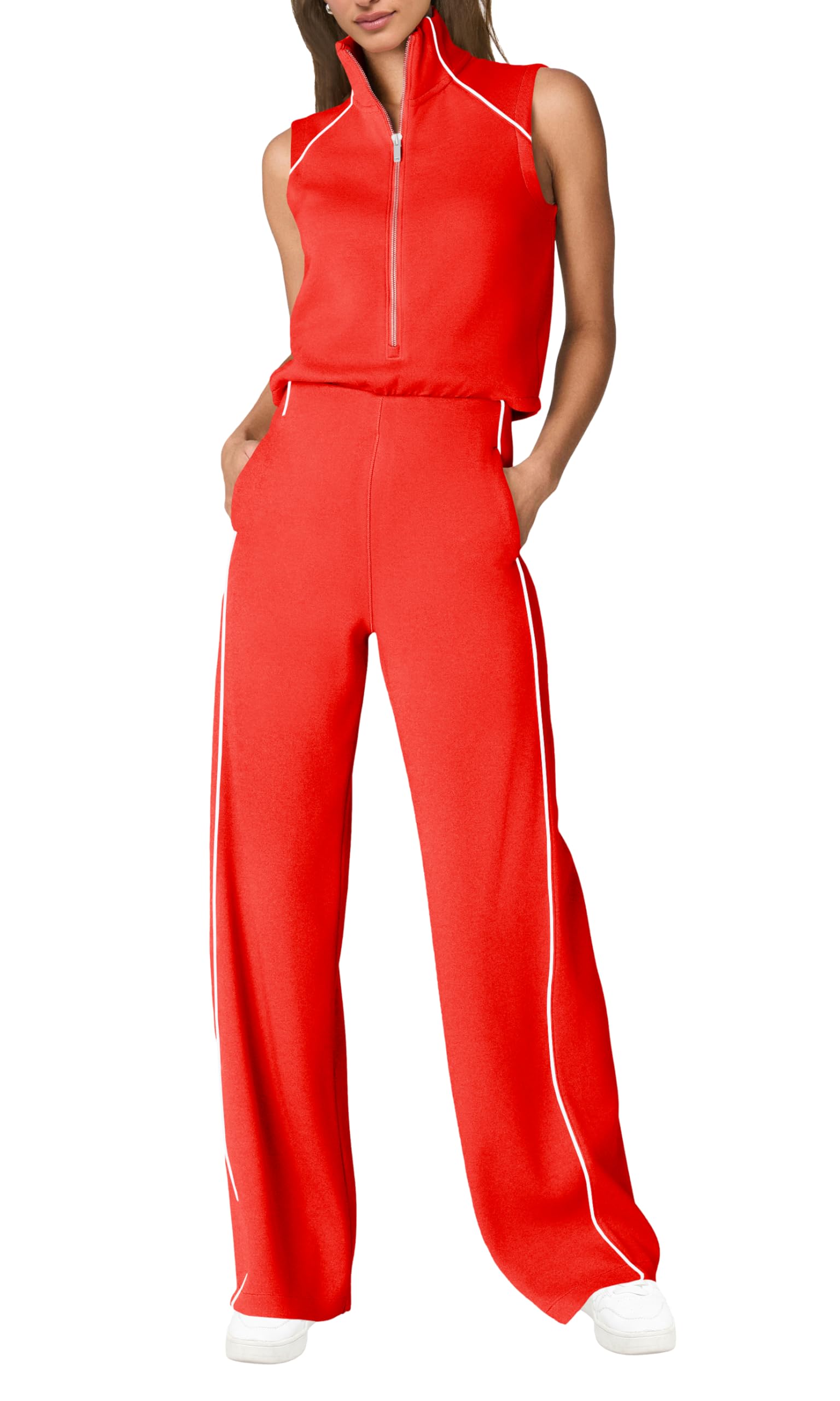 Photo 1 of (see images) SENSERISE Womens Summer Jumpsuits Dressy Casual Sleeveless Mock Neck Top Wide Leg Pants Romper with Pockets(Red,M)