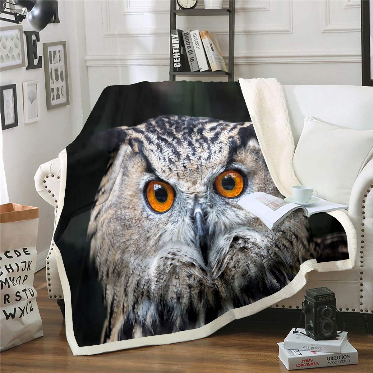 Tbrand Owl Sherpa Blanket 3D Animal Pattern Fleece Throw Blanket for Sofa Couch Bed Cute Owl Bird Decor Plush Blanket Wildlife Style Warm Fuzzy Blanket Double 60"x79"