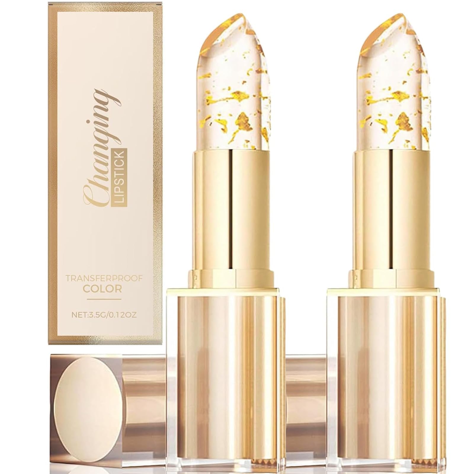 Photo 1 of 2Pcs Transferproof Color Changing Lipstick,Gold Crystal Color Changing Lipstick,Long Lasting 24 Hours Moisturizing Glossy Shine Lip Gloss for Women