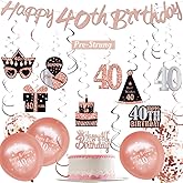 WOJOGO 40th Birthday Decorations for Women, Rose Gold & Black 40 Years Old Birthday Decorations for Women Men Happy 40th Birthday Banner Hanging Swirls Cake Topper Balloons for Party Supplies