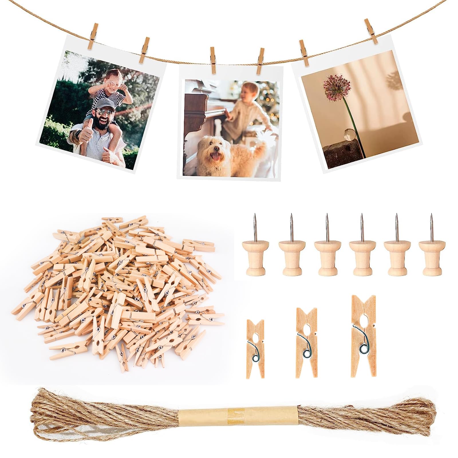 Furuising 160PCS Mini Wooden Pegs, 2.5/3/3.5cm Small Photo Pegs for Hanging Photos, Natural Wooden Peg with 10M Jute String for Photo Wall Display,Craft,Weddings & Party