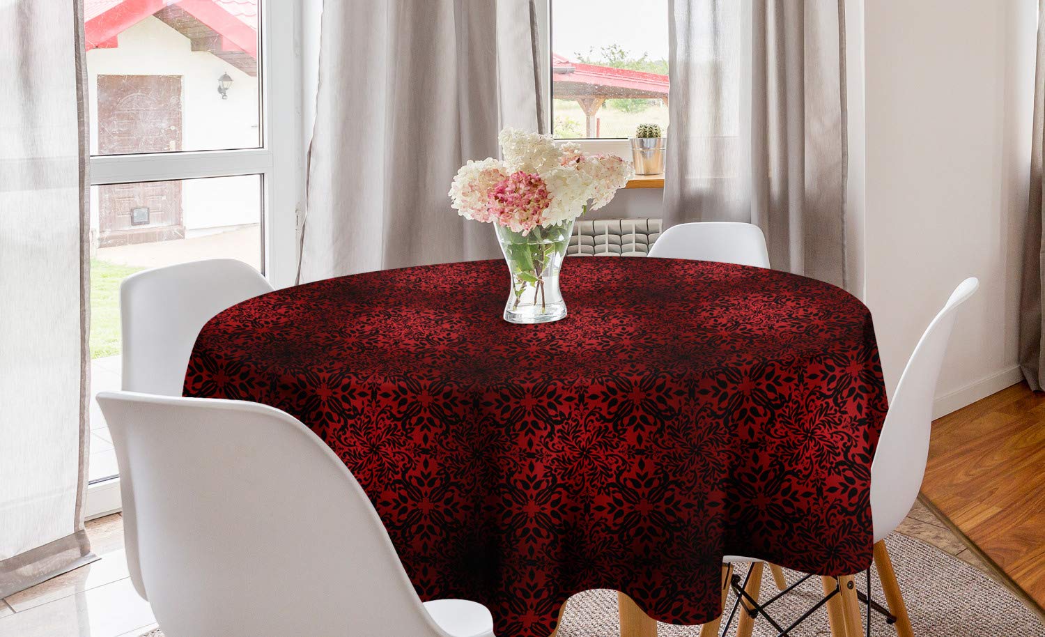 ABAKUHAUS Red and Black Round Tablecloth, Mandala Oriental Design Flowers and Leaves Frame Image, Circle Table Cloth Cover for Dining Room Kitchen Decoration, 60", Vermilion Black