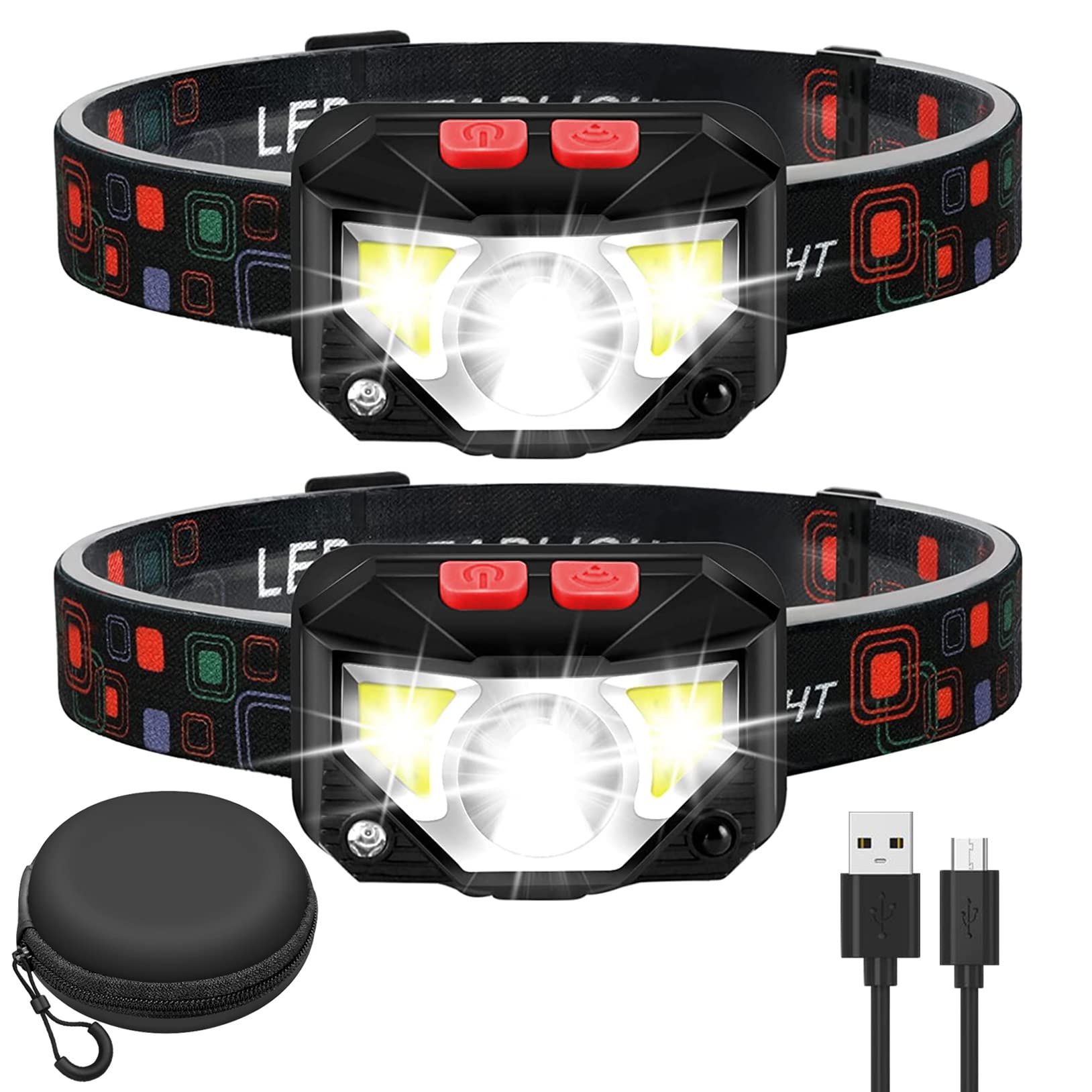 GARRAS LED Head Torch Rechargeable, 800 Lumen Ultra-Light Bright LED Headlamp with White Red Light, 2-Pack Waterproof Motion Sensor Headlights, 8 Modes for Outdoor Camping Cycling Running Fishing