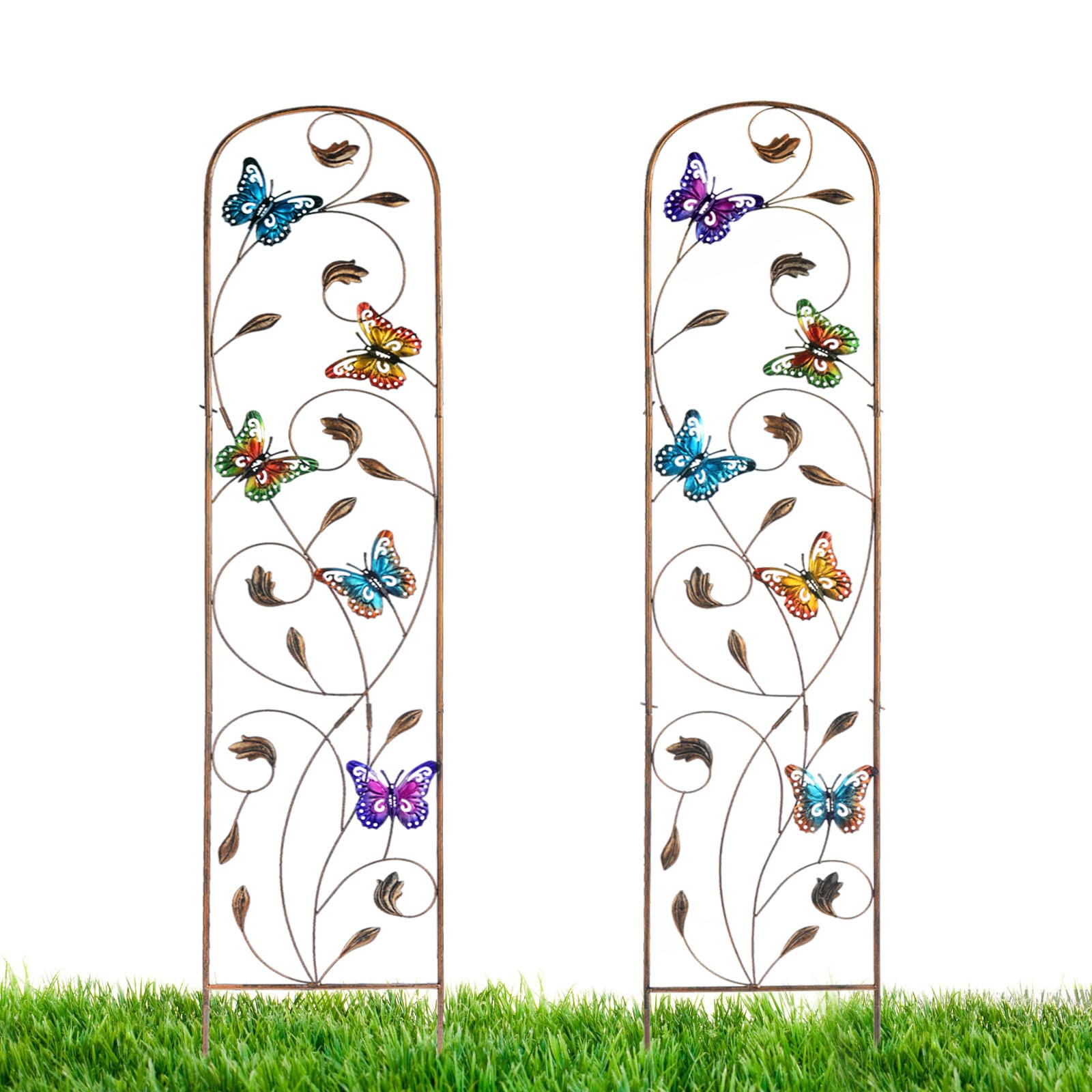 Photo 1 of LEWIS&WAYNE 2 Pack Metal Garden Trellis with Colorful Butterfly 60 Inch High Outdoor Decoration Arched Fence Trellis for Climbing Plants for Patio, Lawn, Yard, Backyard, Wall Brackets