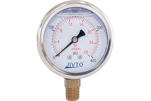 JIVTO Pressure Gauge,Glycerin Liquid Filled,2.5" Dual Scale Dia,0-400 psi/bar/kpa,1/4" NPT Male Brass Connection,Lower Mount, Stainless Steel Case,for Pneumatic,Pump,Hose,Well Tank,Gas Air Water Oil