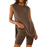 AGSEEM Shorts Sets Women 2 Piece Outfits Summer Sleeveless Tunic Top Crewneck Shorts Lounge Sets Beach Fashion Vacation