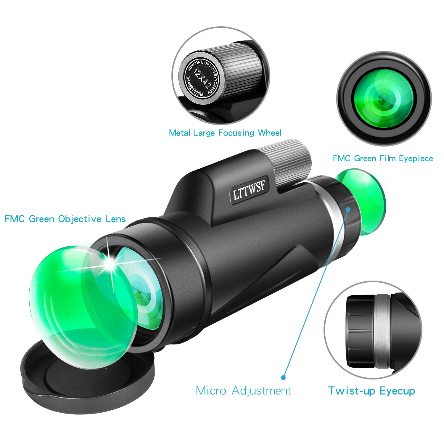 Monocular, 12X42 HD Monocular Telescope BAK4 Prism FMC Lens and Single Hand Focus for Bird Watching,Hunting,Camping and Traveling