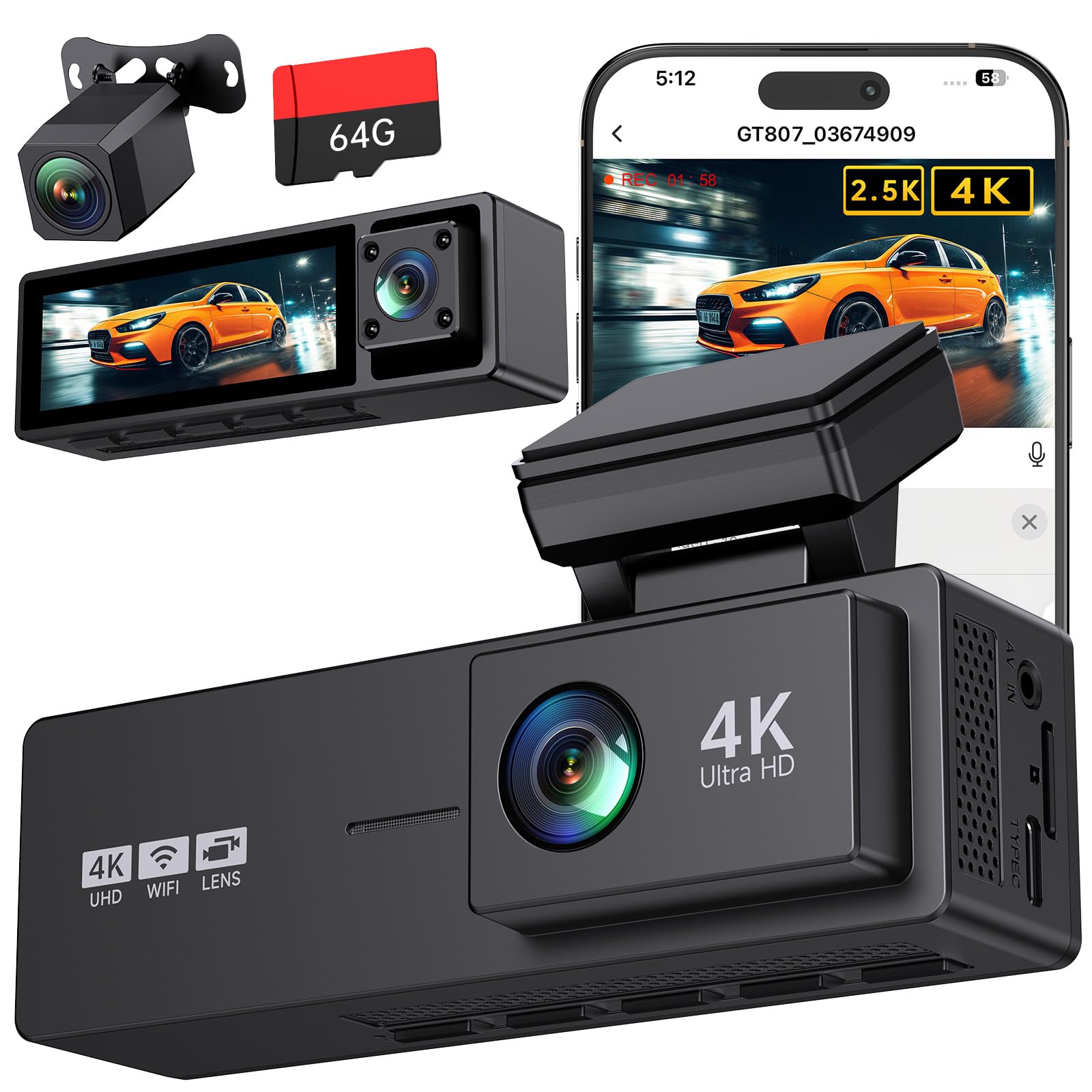 Photo 1 of **MISSING MOUNT**4K 3 Channel Dash Cam Front and Rear,4K+2.5K+1080P Dash Camera for Cars Inside,3.2" Screen Dash Camera for Cars, WiFi APP Control,4 IR Night Vision, G-Sensor, 24H Parking Mode, 64GB SD Card Included