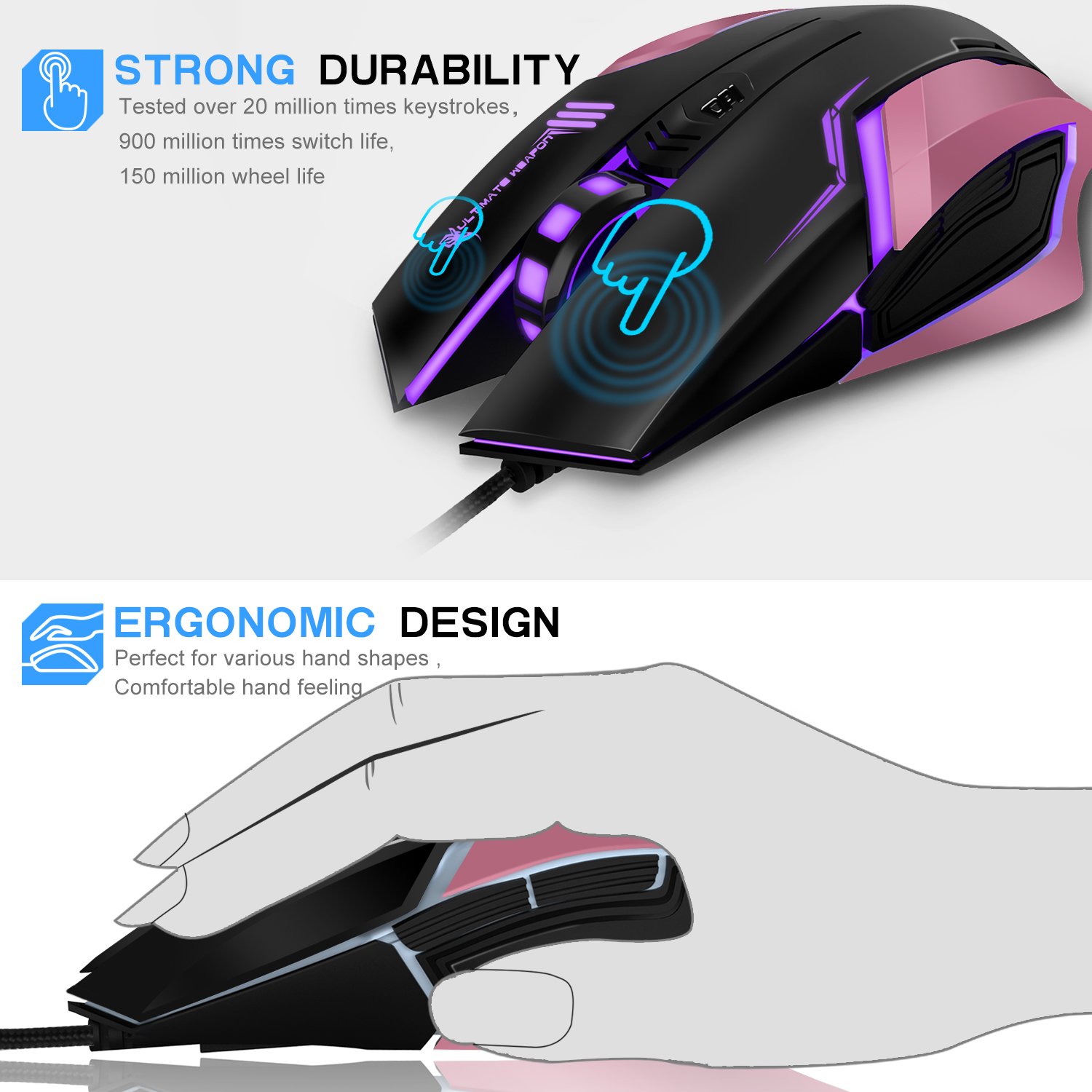 Gaming Mouse, LDesign 3200DPI Wired Gamer Mice ACC Optical Ergonomic with 4 Adjustable DPI Switch, 7-Color Breathing Light, High Accuracy Computer Mice Plug and Play (Black/Pink)