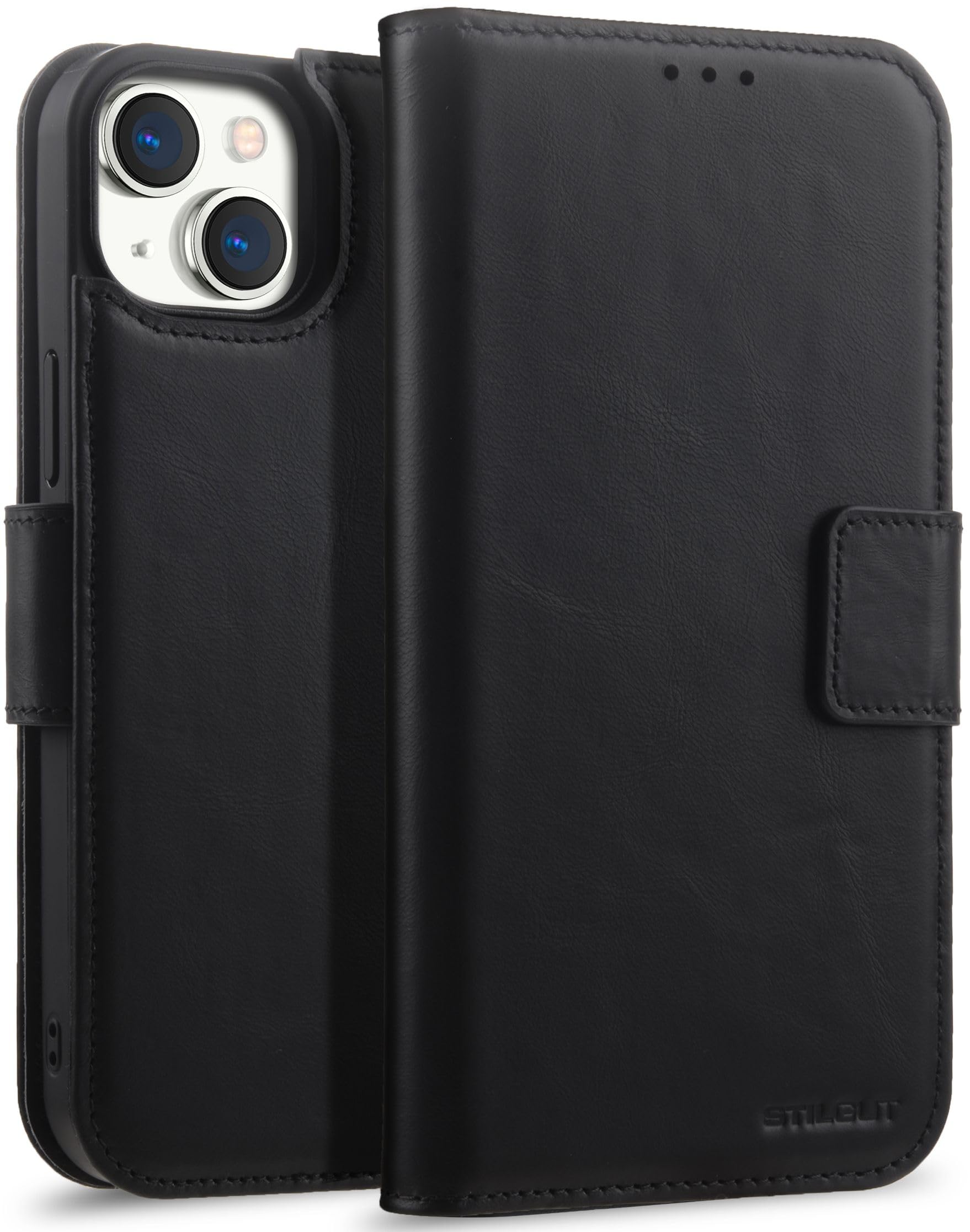 STILGUT Talis 2-in-1 Suitable for iPhone 15 Plus Case with Leather Card Slot and Magnetic Removable Case, Compatible with MagSafe, Wallet Case, Mobile Phone Case with Compartments - Black Nappa