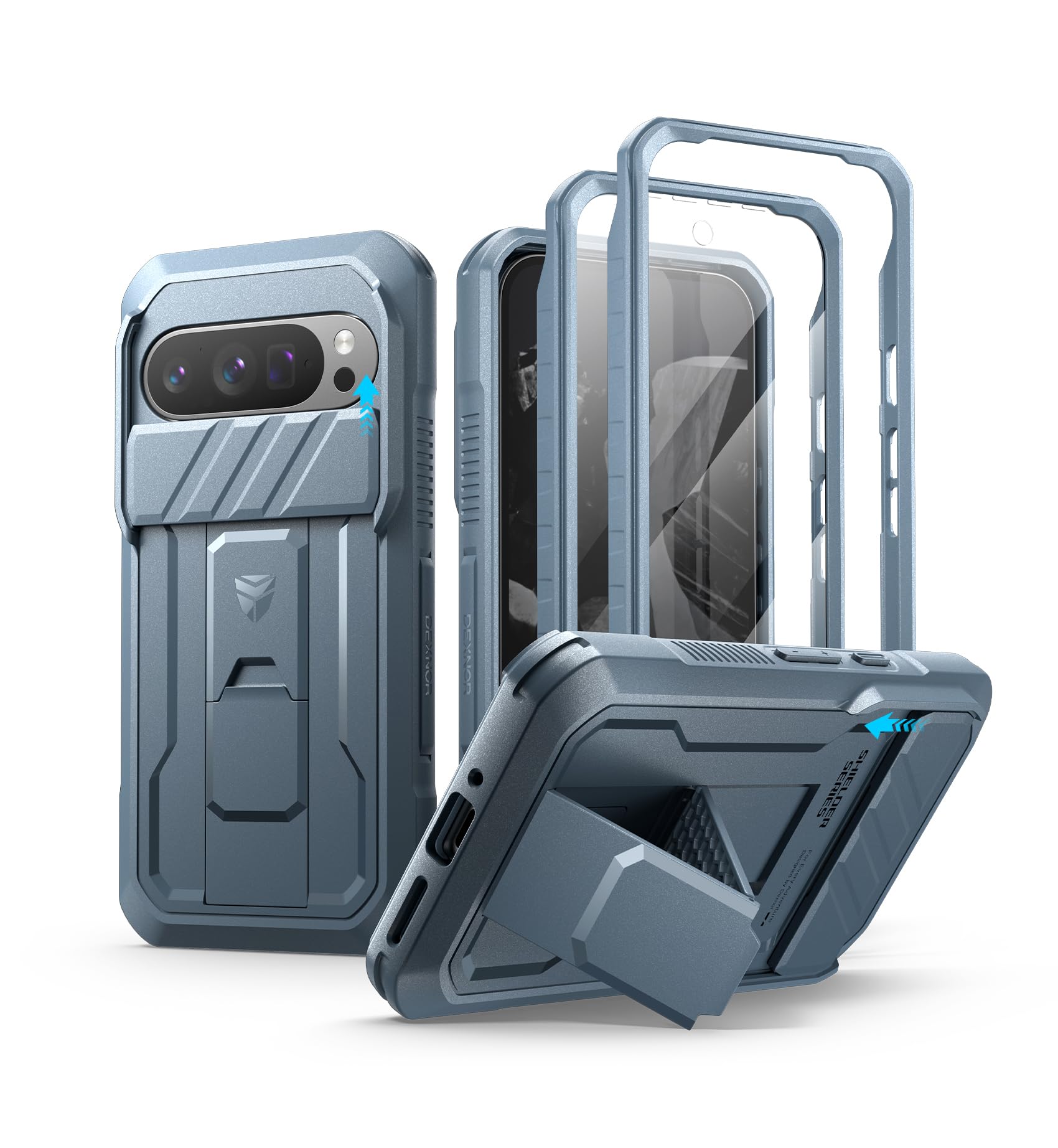 Dexnor for Google Pixel 9 Pro Case with Built-in Slide Camera Cover & Screen Protector & Kickstand, Heavy-Duty Shockproof Rugged Case Full-Body Bumper Protective Cover - Navy Blue