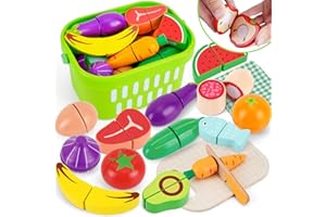 Cutting Play Food Toys for Kids Kitchen 1 2 3 Years Old, Wooden Pretend Meats、Fruits and Vegetables with Shopping Storage Bas
